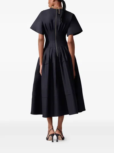 Carolina Herrera Short-sleeve Pleated-waist Midi Dress In Blue