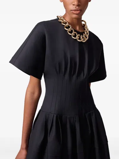 Carolina Herrera Short-sleeve Pleated-waist Midi Dress In Blue