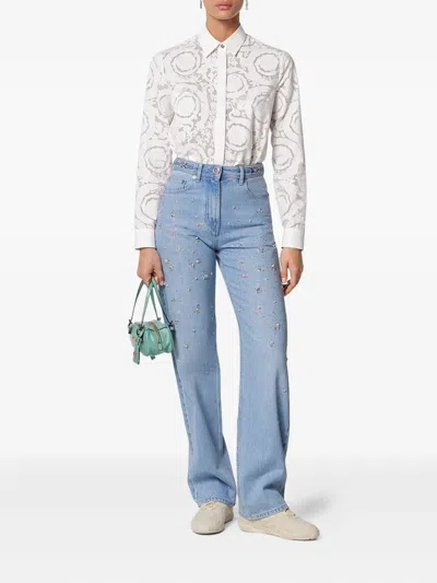 Versace Barocco-jacquard Button-up Shirt In White