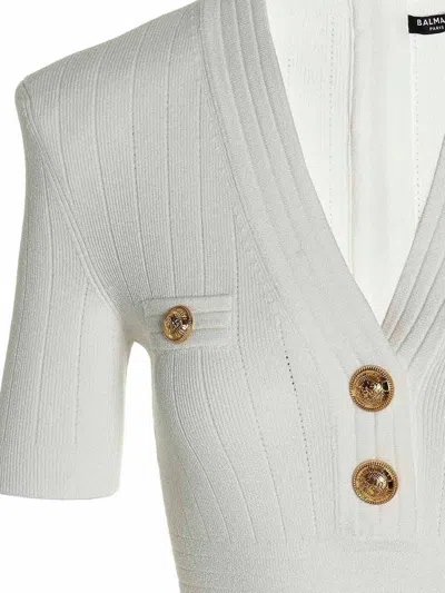 Balmain Logo Button Knit Dress In Neutral