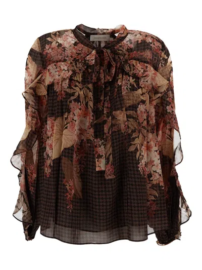 Zimmermann Womens Black Floral Illuminate Flutter Floral-print Sheer Blouse