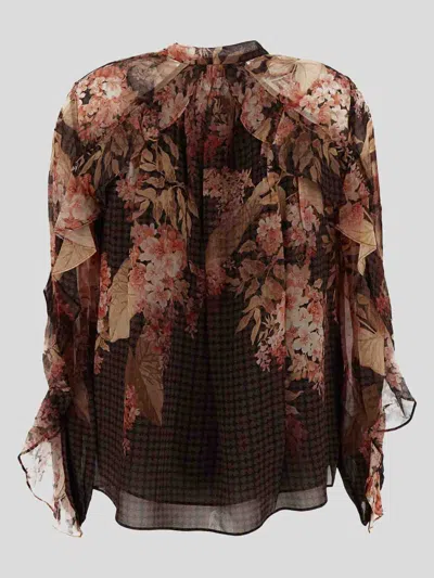 Zimmermann Womens Black Floral Illuminate Flutter Floral-print Sheer Blouse