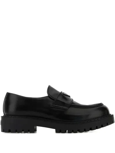 Prada Polished Black Leather Loafers With Chunky Rubber Sole In Black
