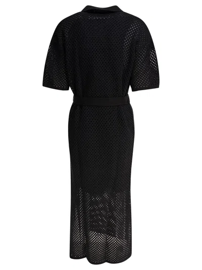 Brunello Cucinelli Belted Crochet Knit Midi Dress In Black