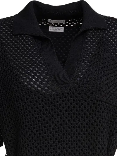 Brunello Cucinelli Belted Crochet Knit Midi Dress In Black