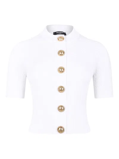 Balmain Crewneck Ribbed Cardigan Short Sleeves In White