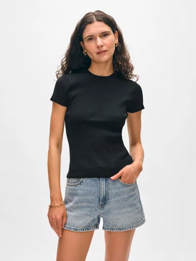 White + Warren Paperfine Pointelle T-shirt Sweater In Black