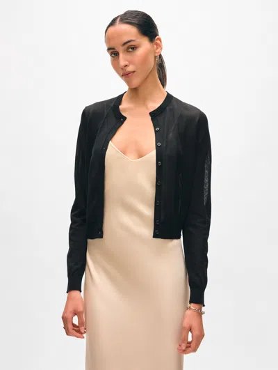 White + Warren Paperfine Crewneck Cardigan Sweater In Black