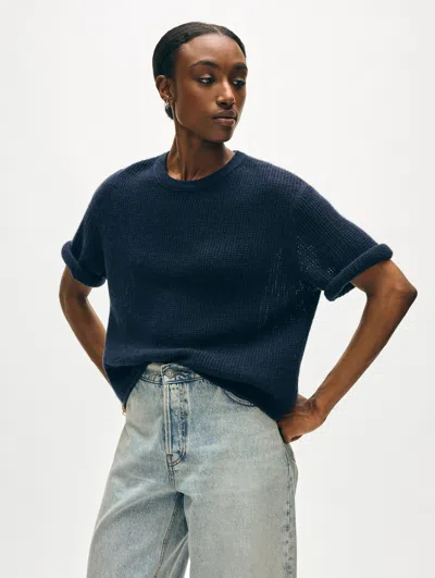 White + Warren Cashmere Waffle Mesh T-shirt In Deep Navy Blue