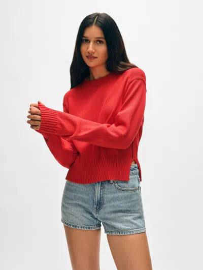 White + Warren Soft Cotton Rib Trim Sweatshirt In Poppy Red/navy Blue