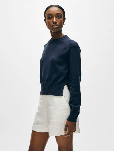 White + Warren Soft Cotton Rib Trim Sweatshirt In Navy Blue/willow Green
