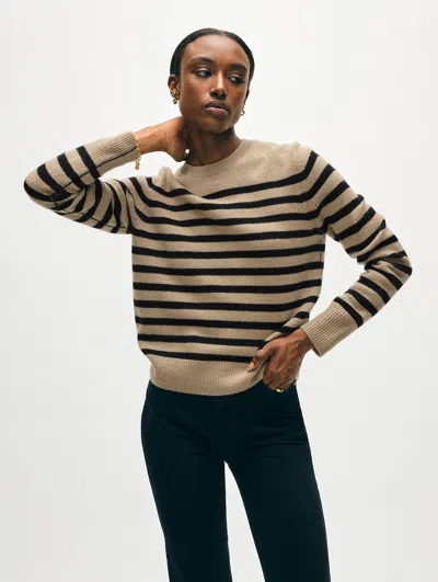 White + Warren Cashmere Striped Crewneck Top In Khaki/black