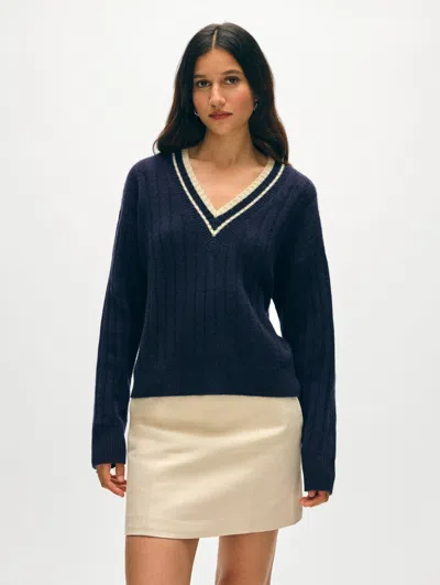 White + Warren Cashmere Varsity V Neck Sweater In Deep Navy Blue/natural