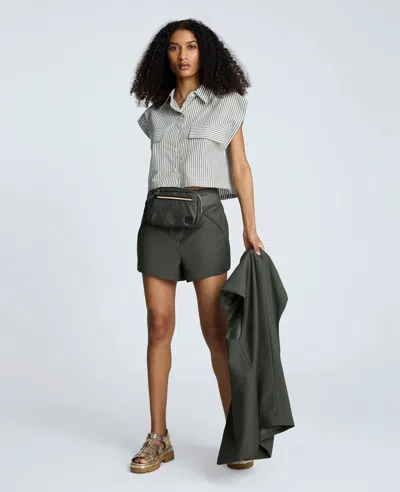 Kenneth Cole Cotton Poplin Stripe Sleeveless Crop Button Front Top In Green
