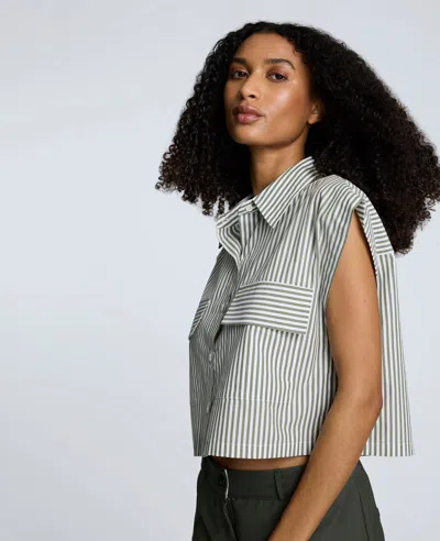 Kenneth Cole Cotton Poplin Stripe Sleeveless Crop Button Front Top In Green