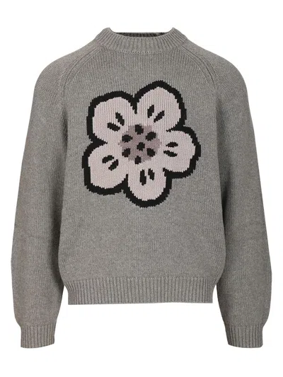 Kenzo Men Crew Neck Sweater In Cotton And Wool In Gray