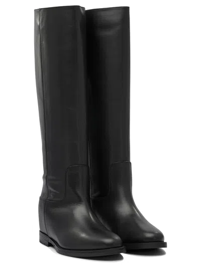 Via Roma 15 Knee-high Calfskin Boots With Gold-tone Accent In Black