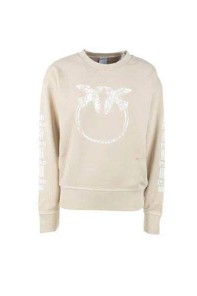 Pinko Cotton Sweatshirt With Logo-branded Sleeves In Neutral