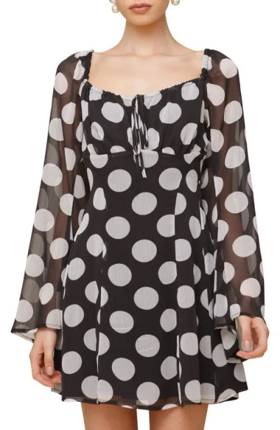 Avec Les Filles Dot Long Sleeve Chiffon Minidress