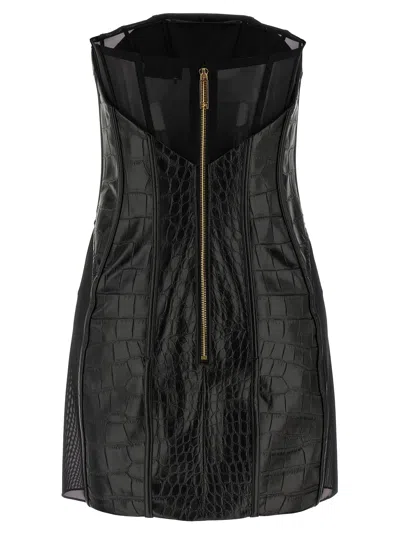 Elisabetta Franchi Croc-embossed Sheer Paneling Sleeveless Dress In Black
