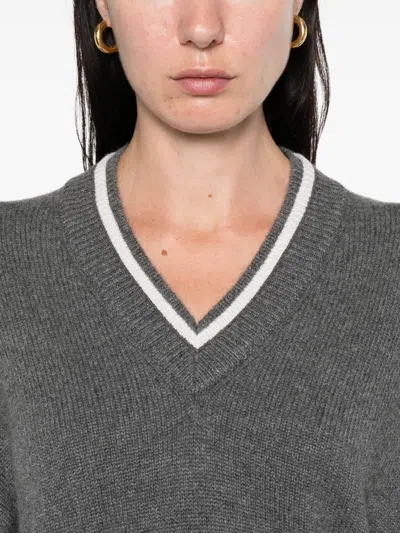 Brunello Cucinelli Ribbed Cashmere V-neck Sweater With Contrast Trim In Green