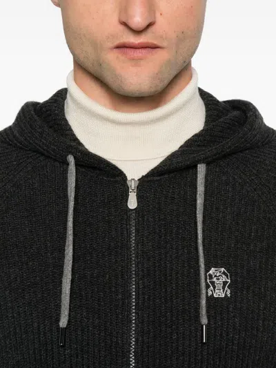 Brunello Cucinelli Cashmere Zip-up Hoodie Featuring Drawstring Hood In Black