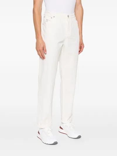 Brunello Cucinelli Cotton Trousers With Belt Loops And Rolled Cuffs In White