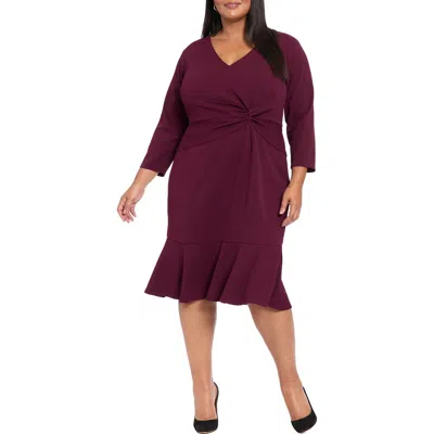 London Times Plus Size Side-knot 3/4-sleeve Dress In Burgundy