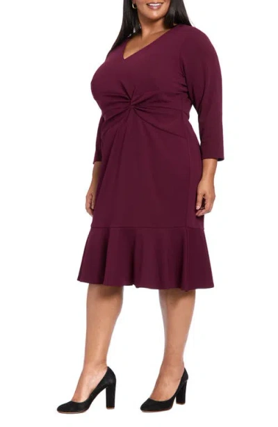 London Times Plus Size Side-knot 3/4-sleeve Dress In Burgundy