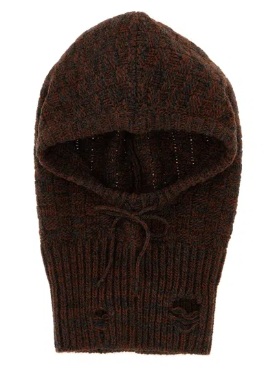 Mm6 Maison Margiela Distressed Wool Balaclava With Drawstring And Ribbed Hem In Brown