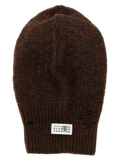 Mm6 Maison Margiela Distressed Wool Balaclava With Drawstring And Ribbed Hem In Brown