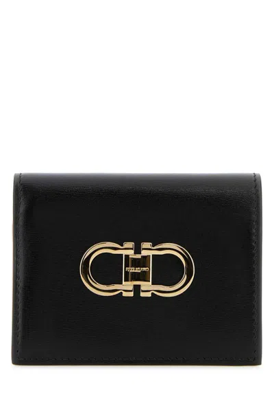 Ferragamo Leather Wallet Fold-over Design Gold-tone Hardware In Black