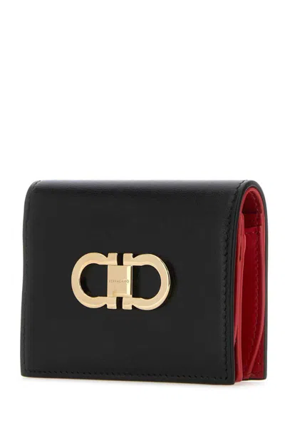 Ferragamo Leather Wallet Fold-over Design Gold-tone Hardware In Black