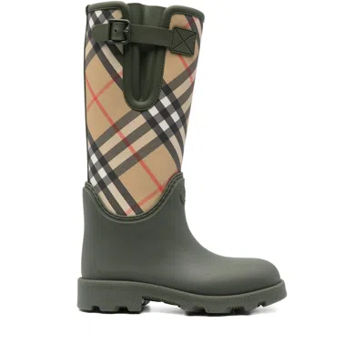 Burberry Check Pattern Knee-high Rubber Sole Boots