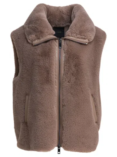 Pinko High Collar Faux Fur Vest In Beige In Brown