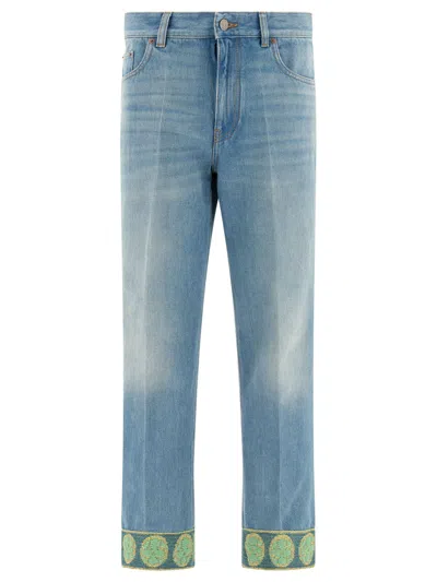 Valentino Heart Court Straight Jeans With Embroidered Hem