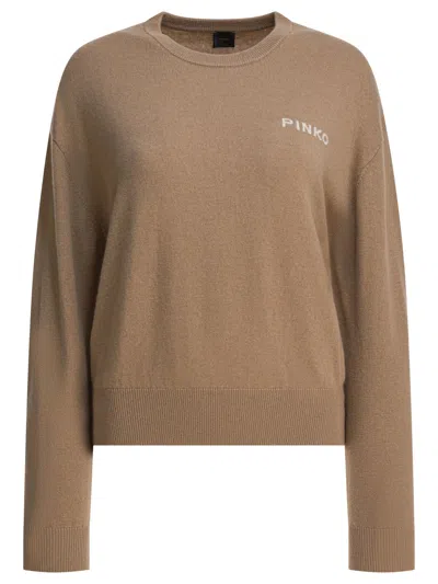 Pinko Crew Neck Knitwear Sweater With Logo Detail In Brown