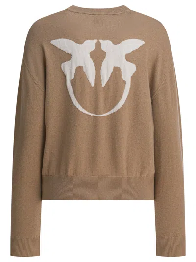 Pinko Crew Neck Knitwear Sweater With Logo Detail In Brown