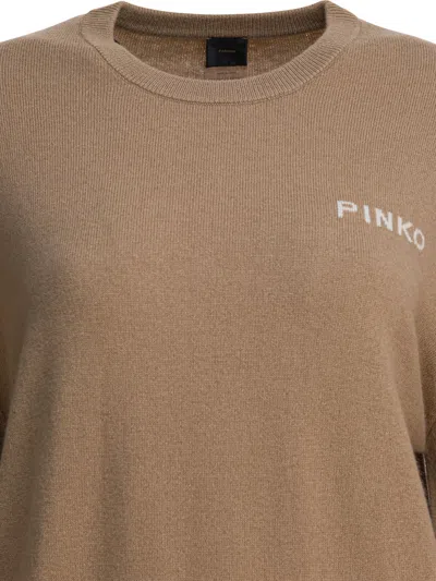 Pinko Crew Neck Knitwear Sweater With Logo Detail In Brown