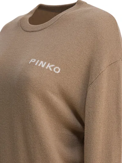 Pinko Crew Neck Knitwear Sweater With Logo Detail In Brown