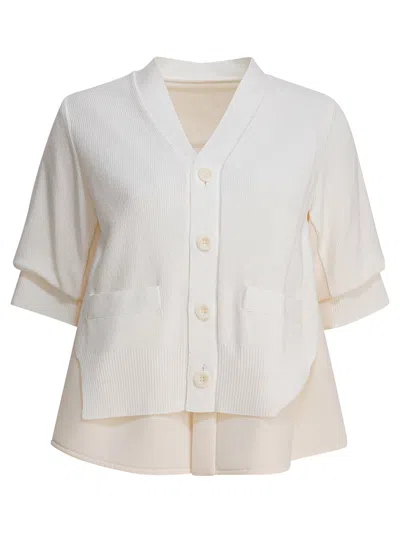 Sacai Short Sleeve V-neck Sweater With Ribbed Texture And Front Pockets In White
