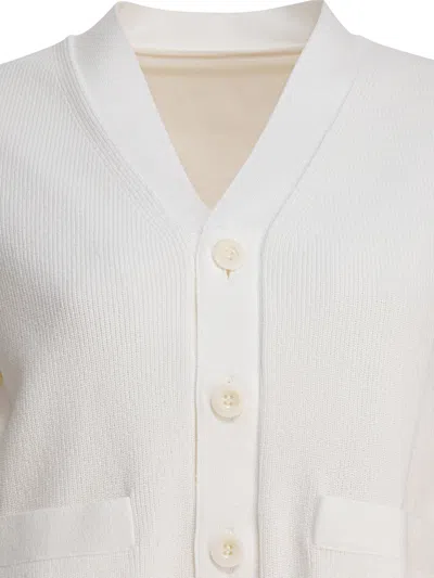 Sacai Short Sleeve V-neck Sweater With Ribbed Texture And Front Pockets In White