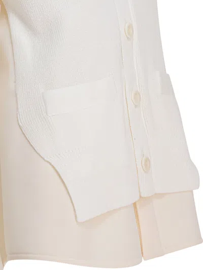 Sacai Short Sleeve V-neck Sweater With Ribbed Texture And Front Pockets In White