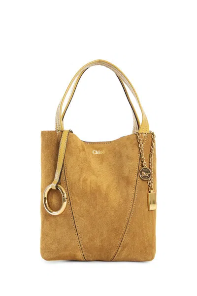 Chloé Small Beige Khaki Suede Spin Tote Bag In Brown