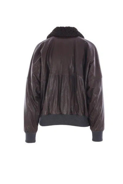Brunello Cucinelli Shearling Collar Leather Jacket Women In Brown
