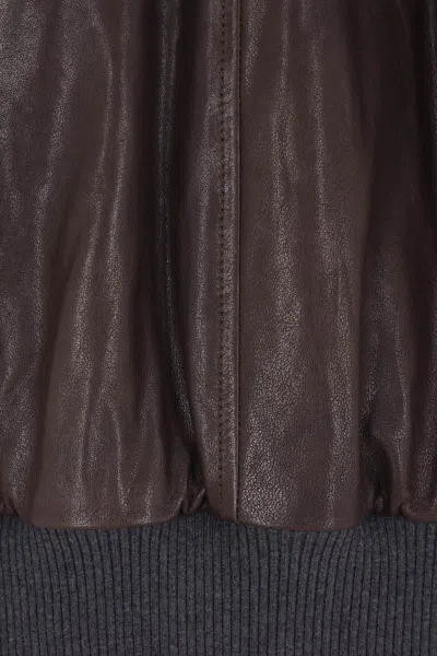Brunello Cucinelli Shearling Collar Leather Jacket Women In Brown