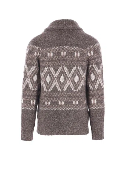 Brunello Cucinelli Wool Cardigan V-neck Geometric Pattern In Brown