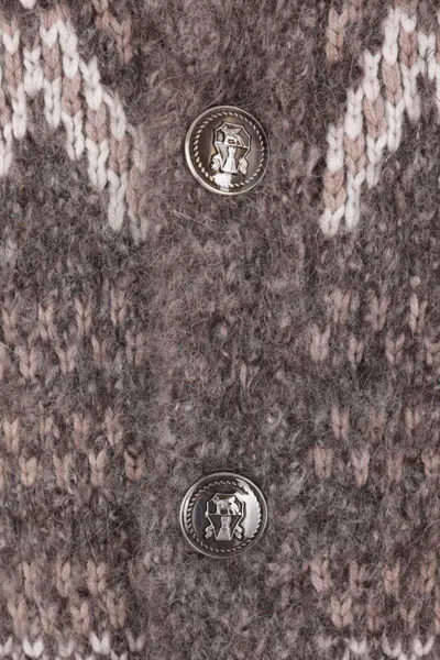 Brunello Cucinelli Wool Cardigan V-neck Geometric Pattern In Brown