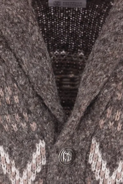 Brunello Cucinelli Wool Cardigan V-neck Geometric Pattern In Brown