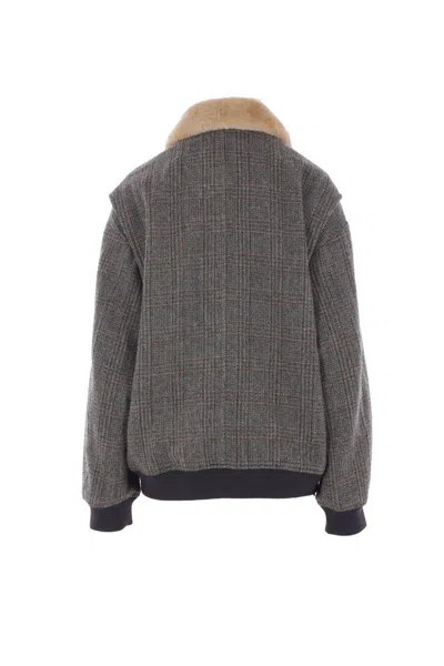 Miu Miu Checked Virgin Wool Jacket With Shearling Collar In Gray